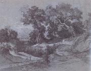 Landscape with trees,two figures on a road and mountains in the background